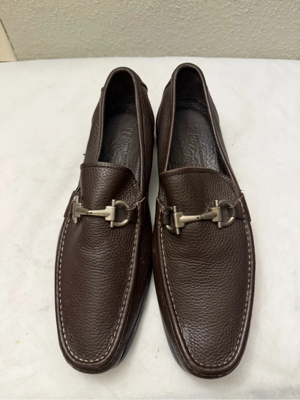 Salvatore Ferragamo Dark Brown Pebbled Leather Bit Loafers, pre-owned,SZ10.5